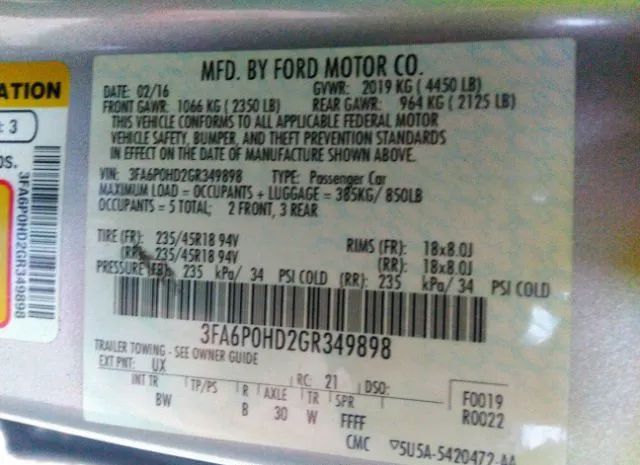 Photo 8 VIN: 3FA6P0HD2GR349898 - FORD FUSION 