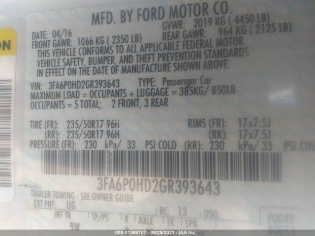 Photo 8 VIN: 3FA6P0HD2GR393643 - FORD FUSION 