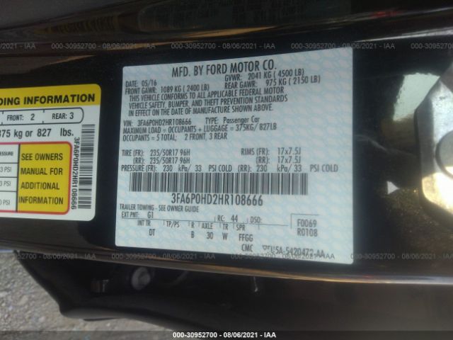 Photo 8 VIN: 3FA6P0HD2HR108666 - FORD FUSION 