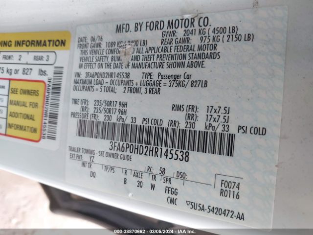 Photo 8 VIN: 3FA6P0HD2HR145538 - FORD FUSION 