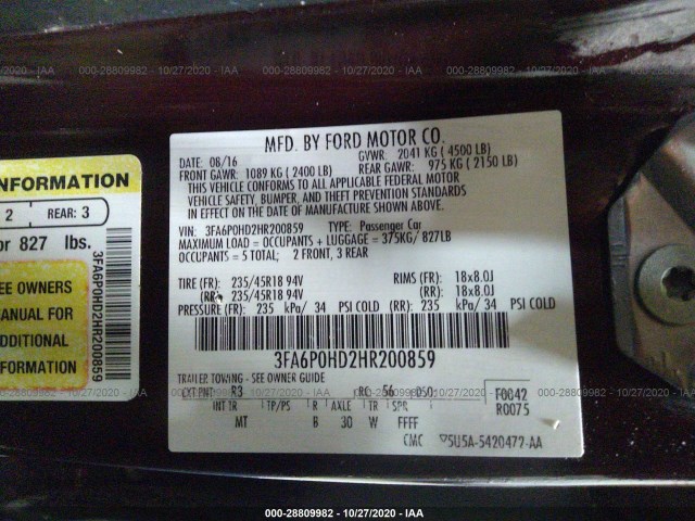 Photo 8 VIN: 3FA6P0HD2HR200859 - FORD FUSION 