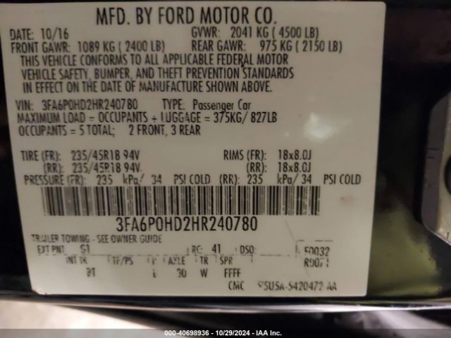 Photo 8 VIN: 3FA6P0HD2HR240780 - FORD FUSION 