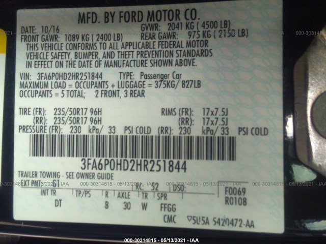 Photo 8 VIN: 3FA6P0HD2HR251844 - FORD FUSION 