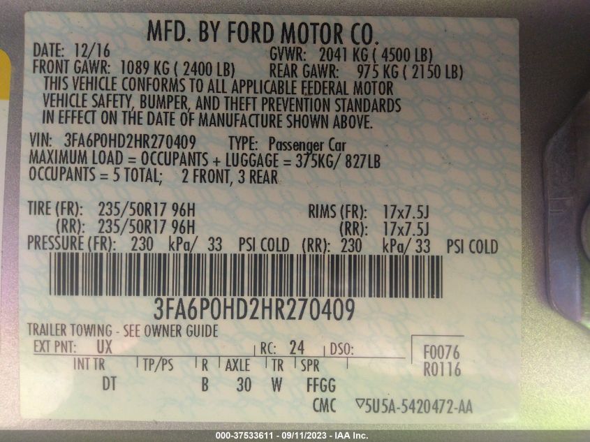 Photo 8 VIN: 3FA6P0HD2HR270409 - FORD FUSION 