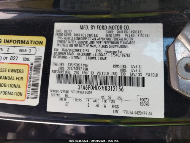 Photo 8 VIN: 3FA6P0HD2HR312156 - FORD FUSION 