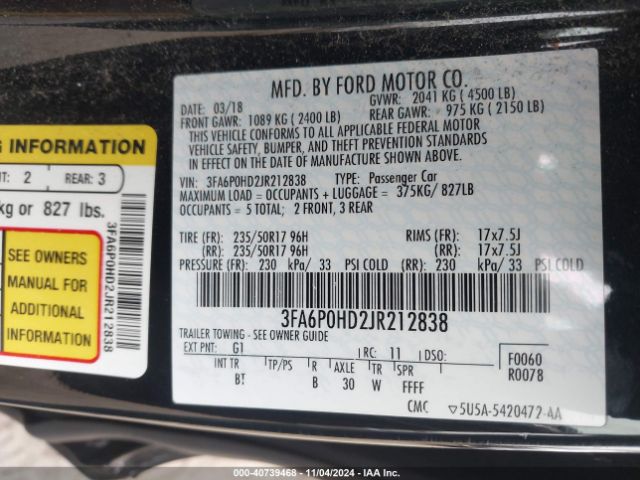 Photo 8 VIN: 3FA6P0HD2JR212838 - FORD FUSION 