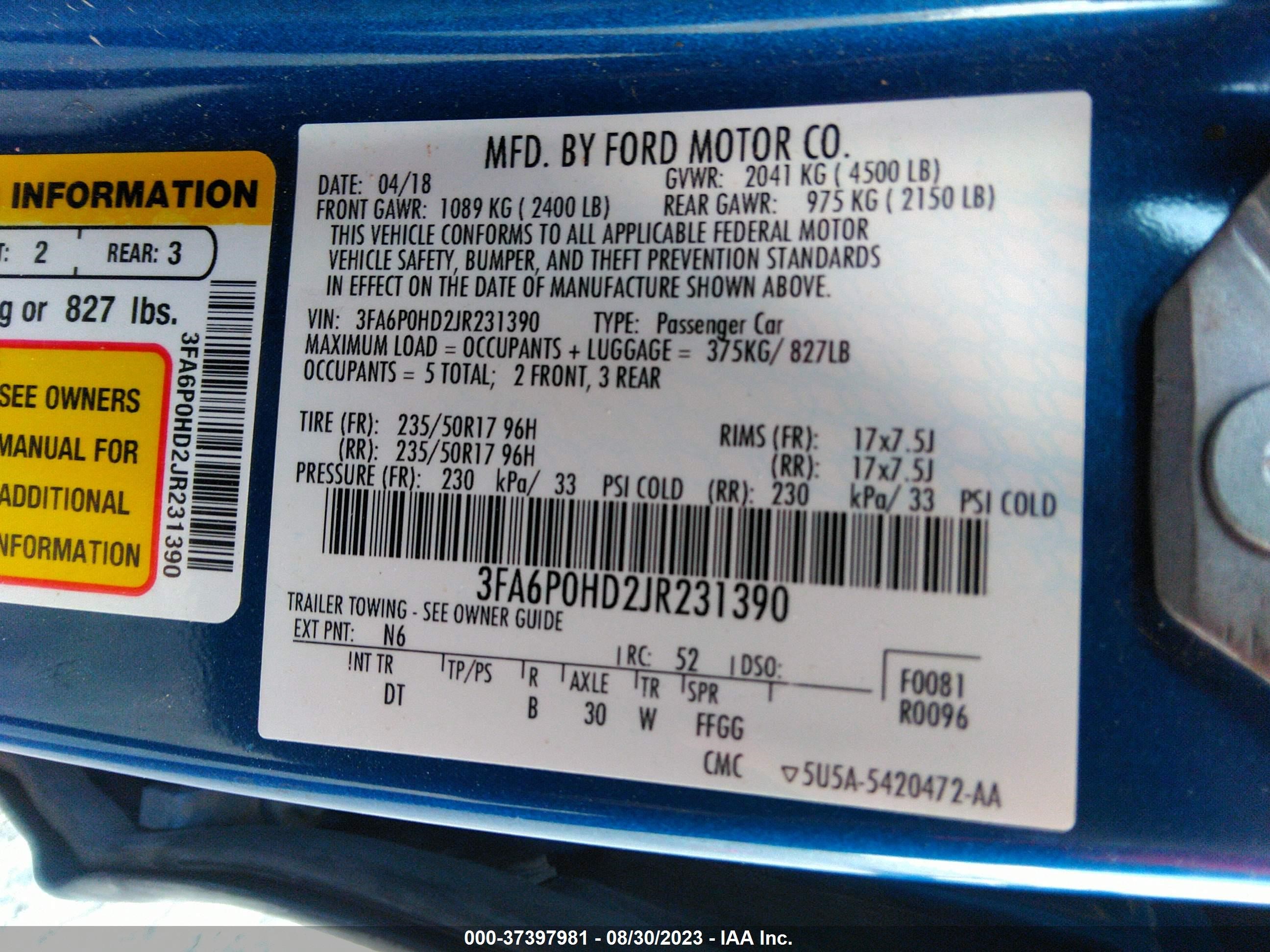 Photo 8 VIN: 3FA6P0HD2JR231390 - FORD FUSION 