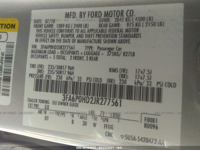 Photo 8 VIN: 3FA6P0HD2JR277561 - FORD FUSION 