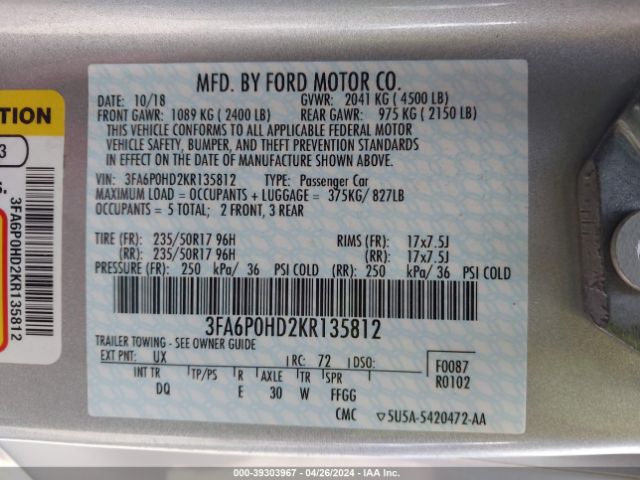 Photo 8 VIN: 3FA6P0HD2KR135812 - FORD FUSION 