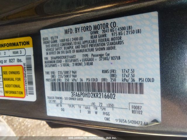 Photo 8 VIN: 3FA6P0HD2KR216602 - FORD FUSION 