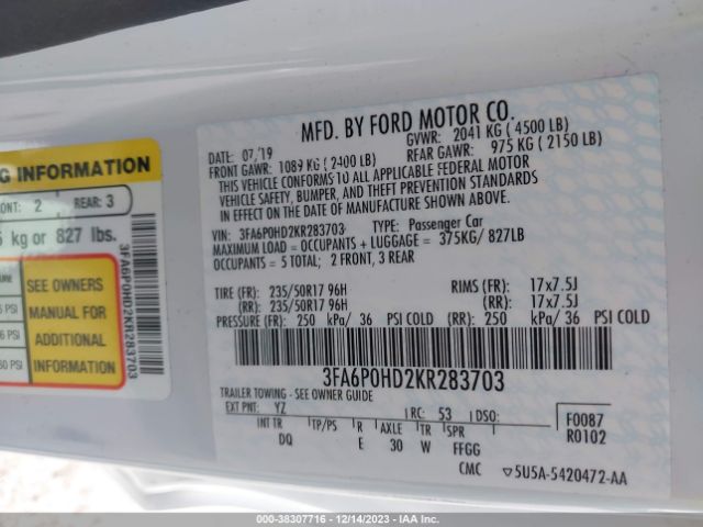 Photo 8 VIN: 3FA6P0HD2KR283703 - FORD FUSION 