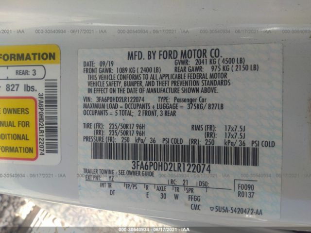 Photo 8 VIN: 3FA6P0HD2LR122074 - FORD FUSION 