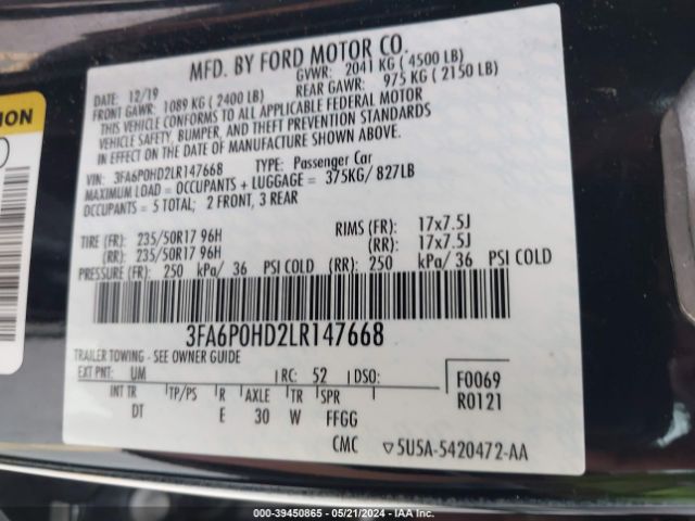 Photo 8 VIN: 3FA6P0HD2LR147668 - FORD FUSION 