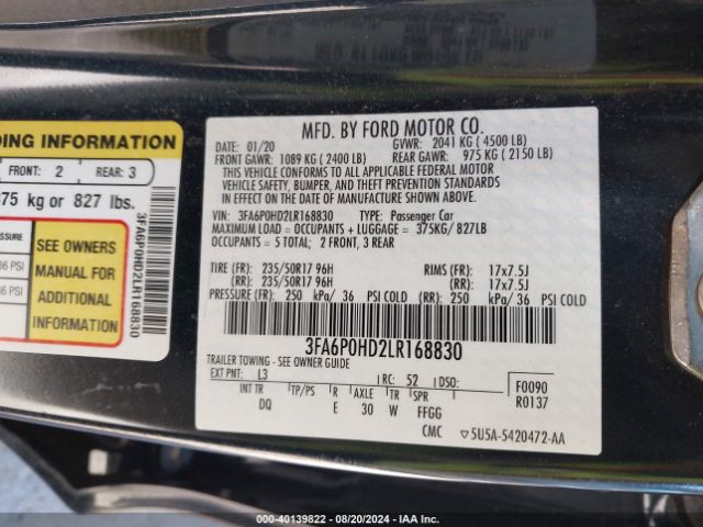 Photo 8 VIN: 3FA6P0HD2LR168830 - FORD FUSION 