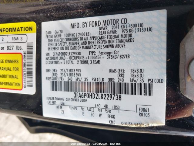 Photo 8 VIN: 3FA6P0HD2LR229738 - FORD FUSION 