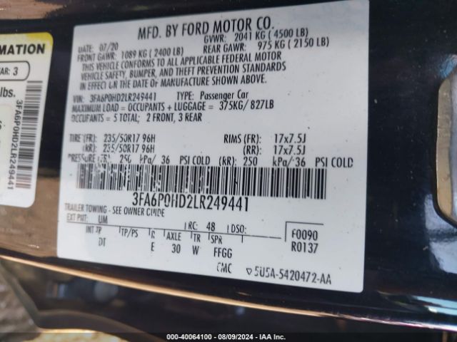 Photo 8 VIN: 3FA6P0HD2LR249441 - FORD FUSION 