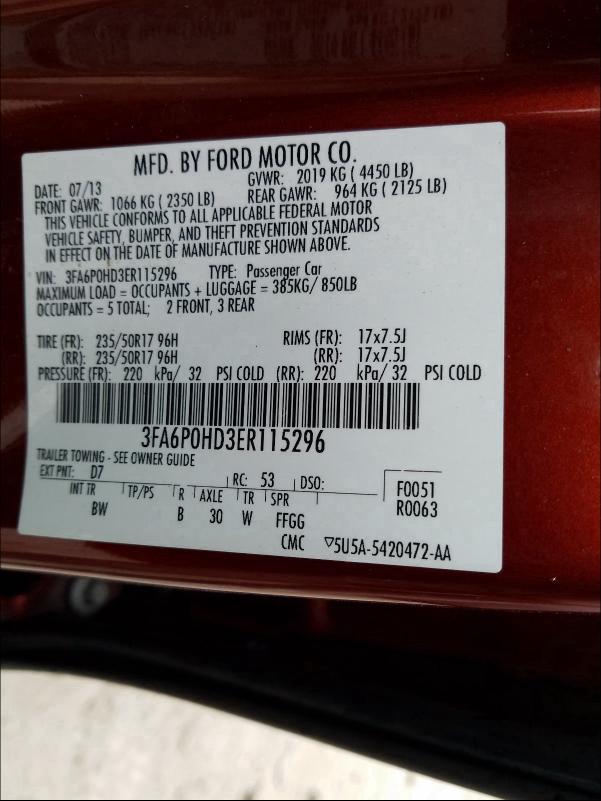 Photo 9 VIN: 3FA6P0HD3ER115296 - FORD FUSION SE 