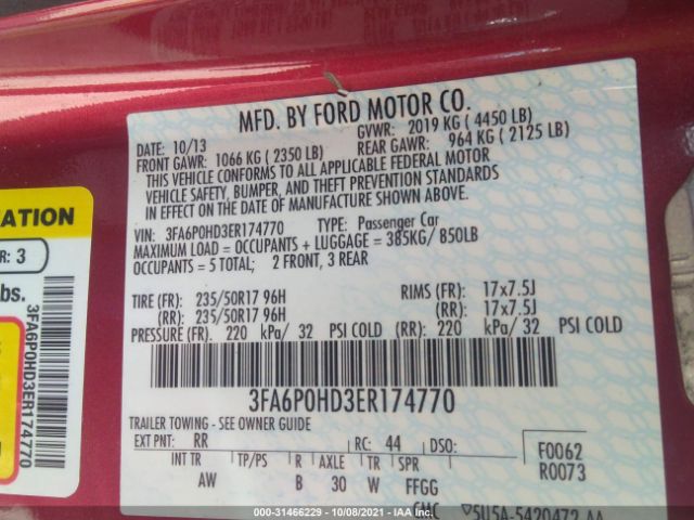 Photo 8 VIN: 3FA6P0HD3ER174770 - FORD FUSION 