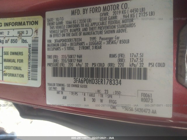 Photo 8 VIN: 3FA6P0HD3ER178334 - FORD FUSION 