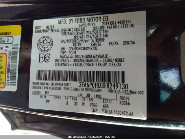 Photo 8 VIN: 3FA6P0HD3ER249130 - FORD FUSION 