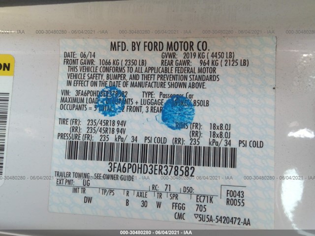 Photo 8 VIN: 3FA6P0HD3ER378582 - FORD FUSION 