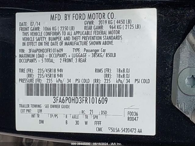 Photo 8 VIN: 3FA6P0HD3FR101609 - FORD FUSION 