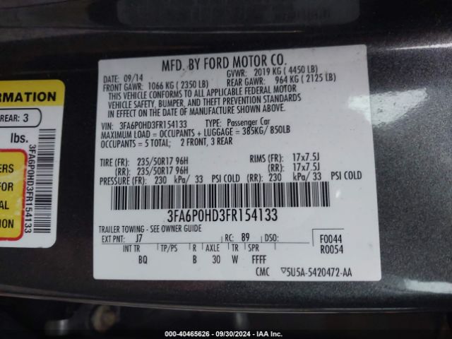 Photo 8 VIN: 3FA6P0HD3FR154133 - FORD FUSION 