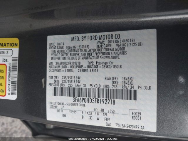 Photo 8 VIN: 3FA6P0HD3FR192218 - FORD FUSION 