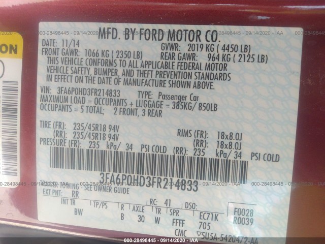 Photo 8 VIN: 3FA6P0HD3FR214833 - FORD FUSION 