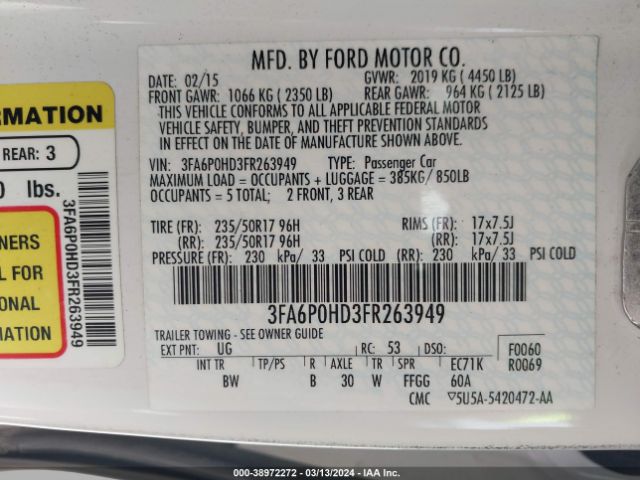 Photo 8 VIN: 3FA6P0HD3FR263949 - FORD FUSION 