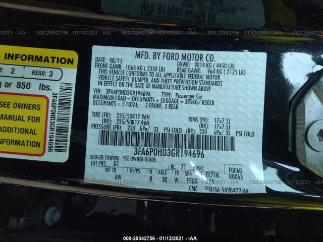 Photo 8 VIN: 3FA6P0HD3GR194696 - FORD FUSION 