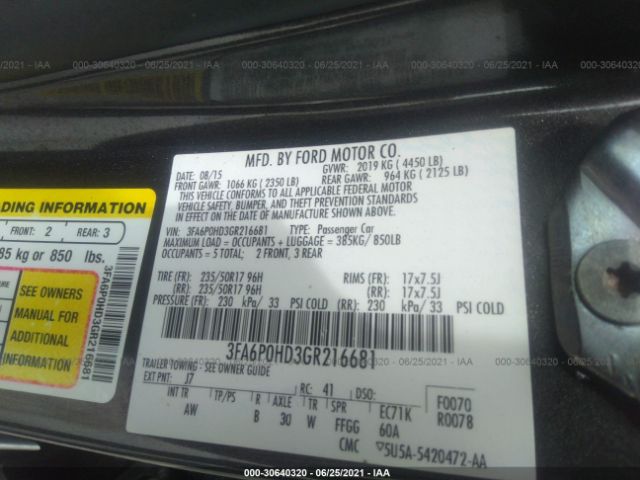 Photo 8 VIN: 3FA6P0HD3GR216681 - FORD FUSION 