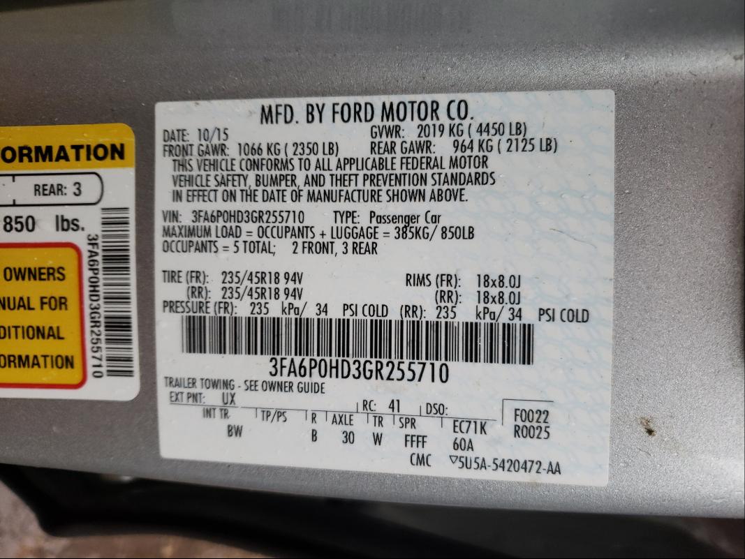 Photo 9 VIN: 3FA6P0HD3GR255710 - FORD FUSION SE 