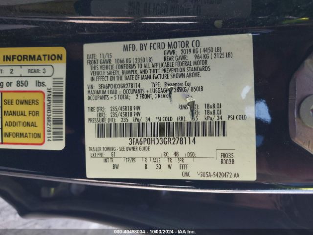 Photo 8 VIN: 3FA6P0HD3GR278114 - FORD FUSION 