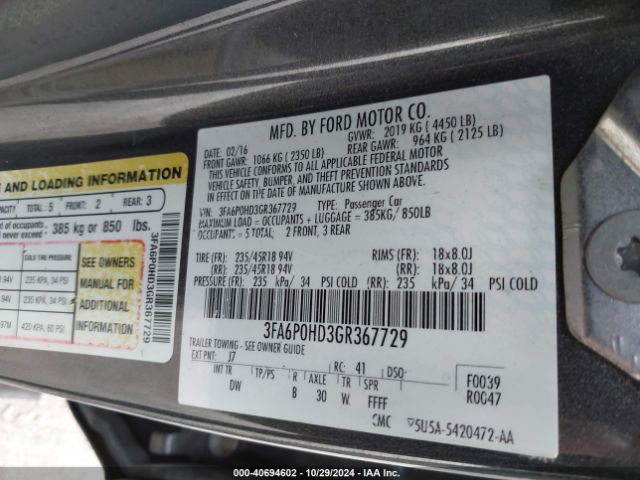 Photo 8 VIN: 3FA6P0HD3GR367729 - FORD FUSION 