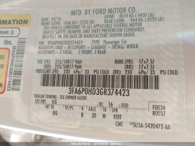 Photo 8 VIN: 3FA6P0HD3GR374423 - FORD FUSION 