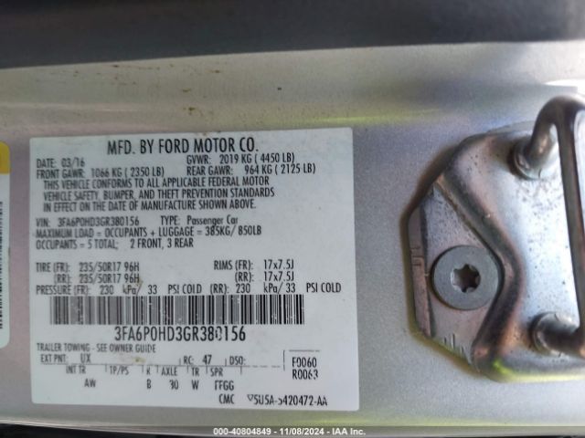 Photo 8 VIN: 3FA6P0HD3GR380156 - FORD FUSION 