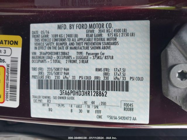 Photo 8 VIN: 3FA6P0HD3HR128862 - FORD FUSION 