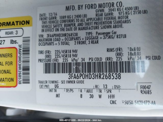 Photo 8 VIN: 3FA6P0HD3HR268538 - FORD FUSION 