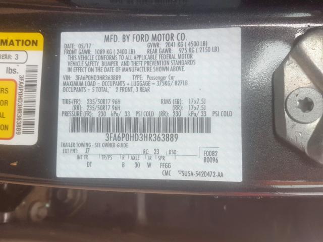 Photo 9 VIN: 3FA6P0HD3HR363889 - FORD FUSION SE 