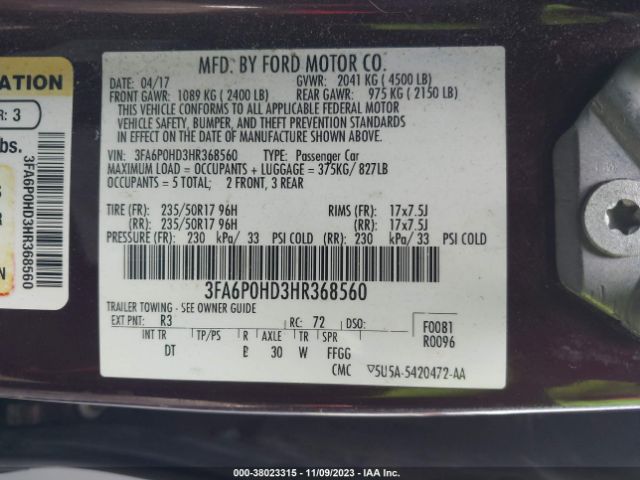 Photo 8 VIN: 3FA6P0HD3HR368560 - FORD FUSION 