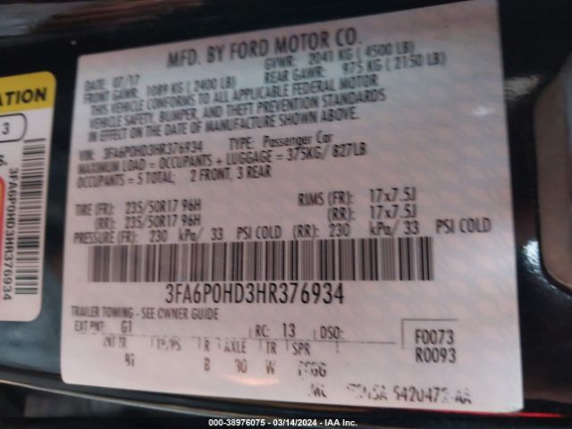 Photo 8 VIN: 3FA6P0HD3HR376934 - FORD FUSION 