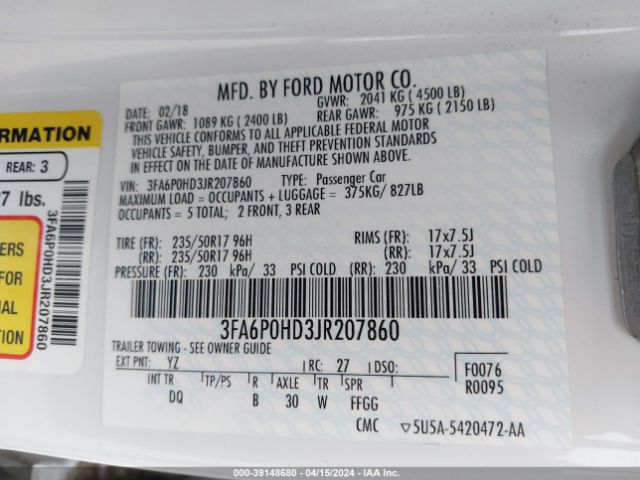 Photo 8 VIN: 3FA6P0HD3JR207860 - FORD FUSION 