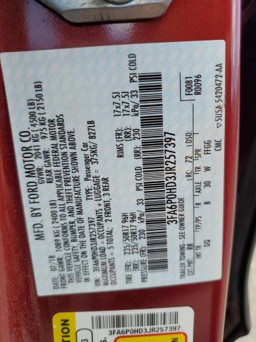 Photo 11 VIN: 3FA6P0HD3JR257397 - FORD FUSION SE 