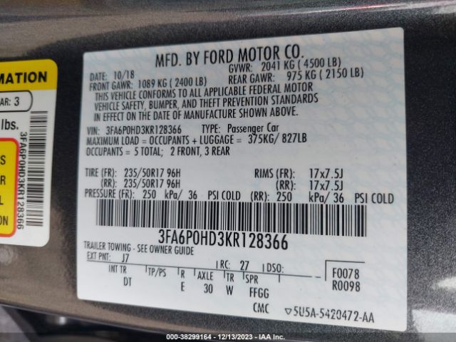 Photo 8 VIN: 3FA6P0HD3KR128366 - FORD FUSION 