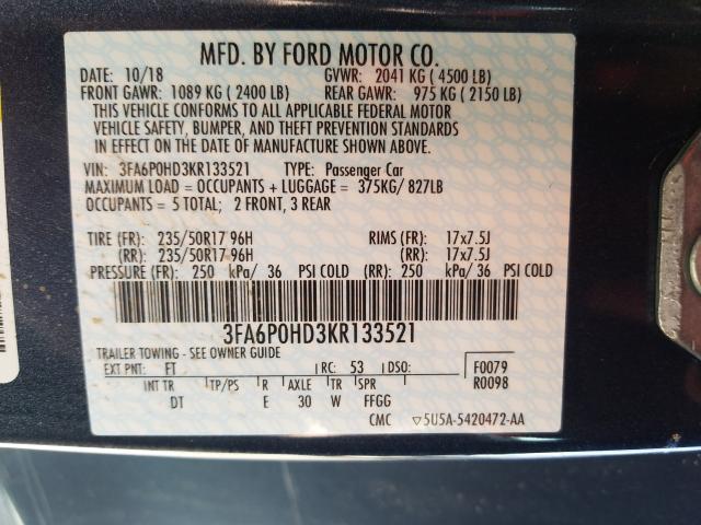 Photo 9 VIN: 3FA6P0HD3KR133521 - FORD FUSION SE 