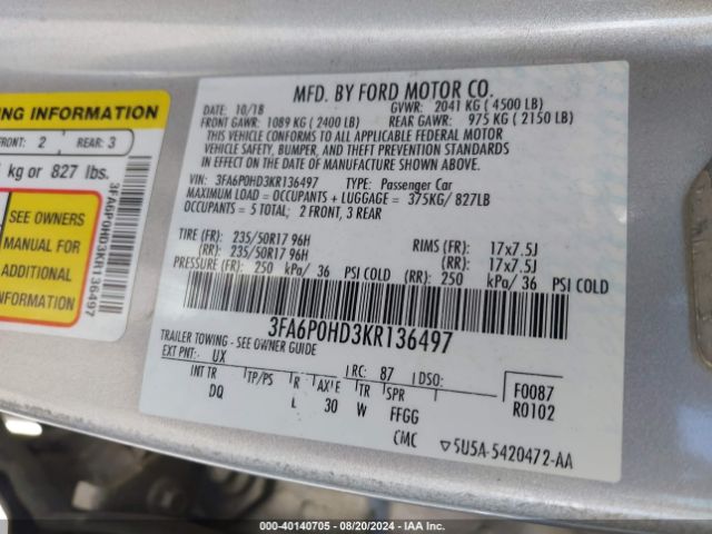 Photo 8 VIN: 3FA6P0HD3KR136497 - FORD FUSION 