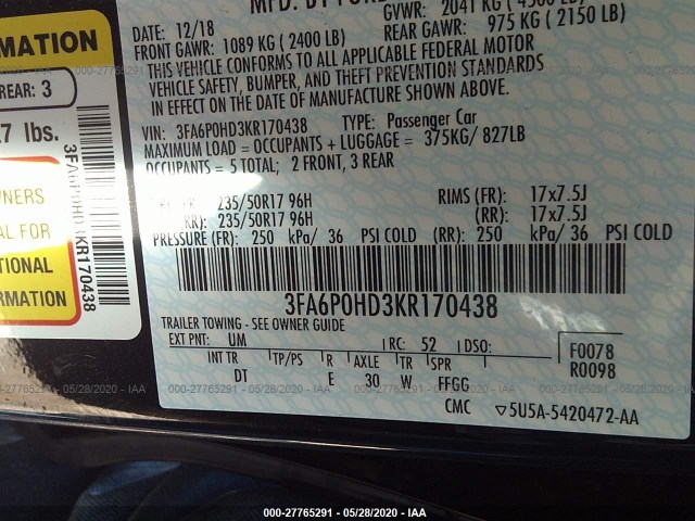 Photo 8 VIN: 3FA6P0HD3KR170438 - FORD FUSION 