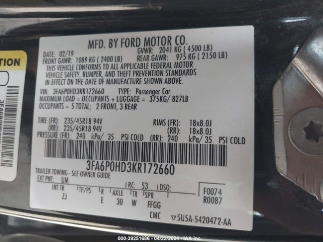 Photo 8 VIN: 3FA6P0HD3KR172660 - FORD FUSION 