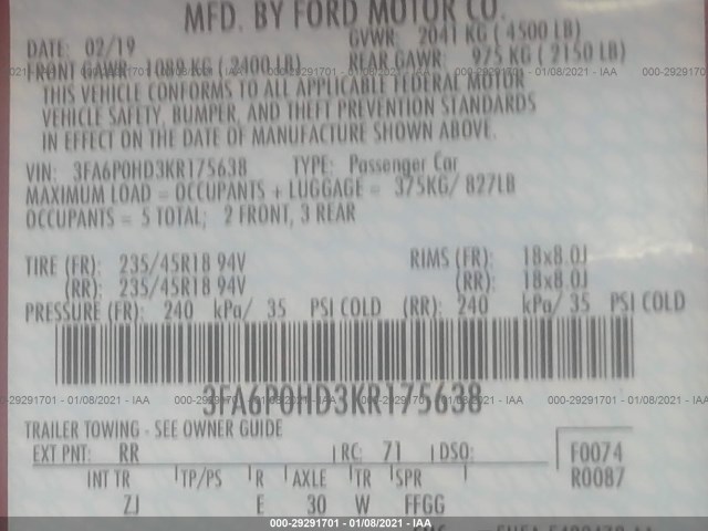 Photo 8 VIN: 3FA6P0HD3KR175638 - FORD FUSION 